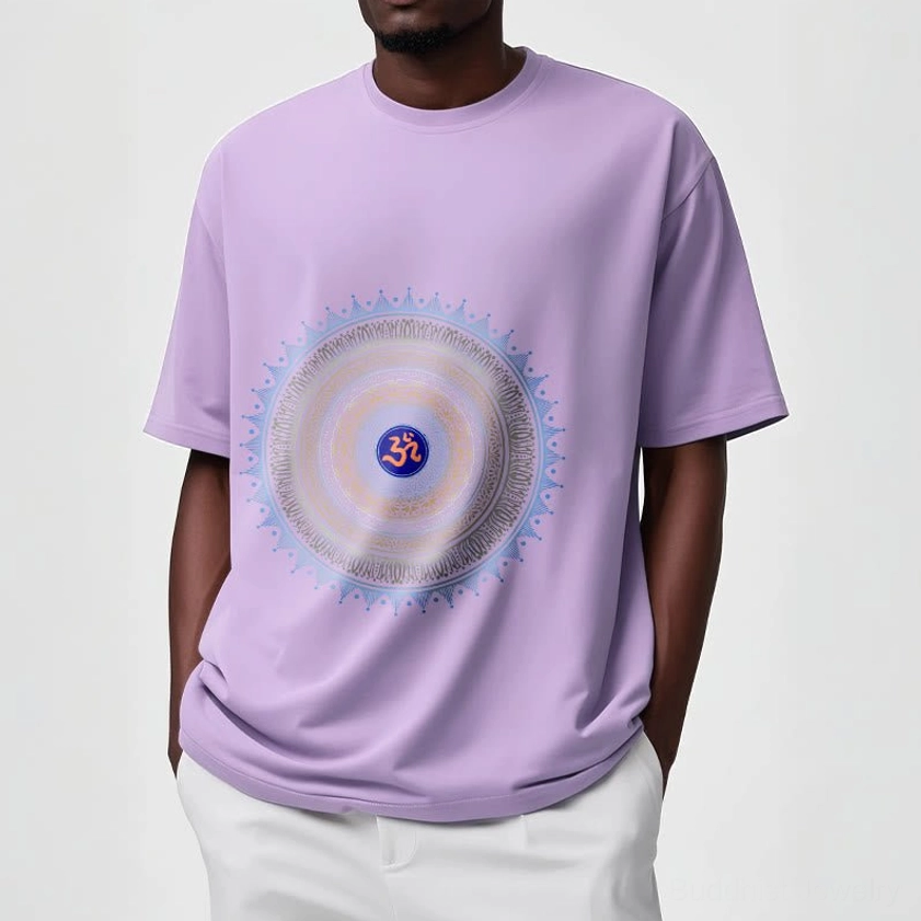 Buddhist spiritual t-shirt with mandala OM symbol, comfortable crew neck unisex graphic apparel