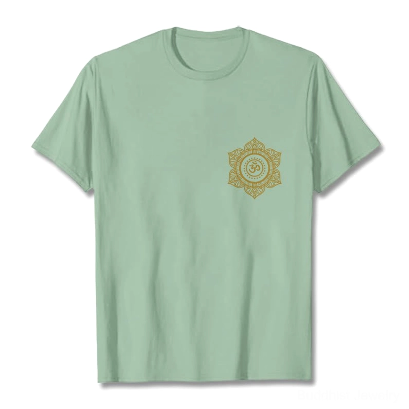 White mandala OM spiritual t-shirt detail shot showing gold sacred geometry print
