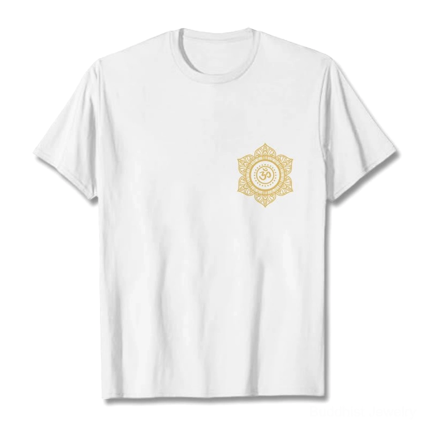 White sacred mandala OM t-shirt flat lay front view with gold spiritual design