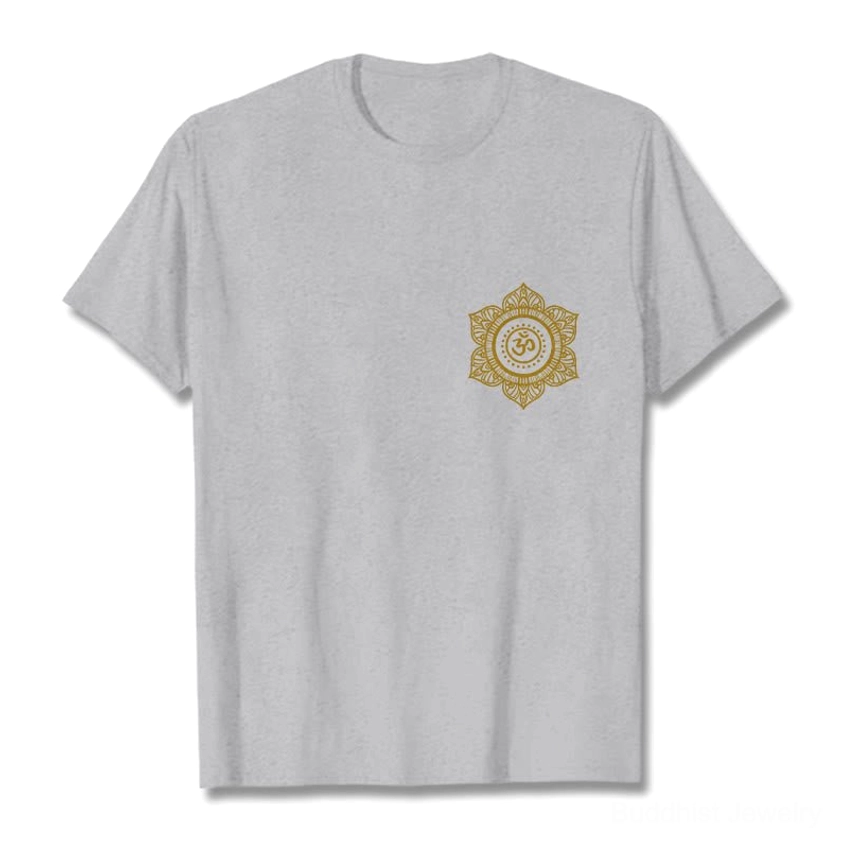 White mandala OM Buddhist t-shirt front flat lay gold sacred geometry design