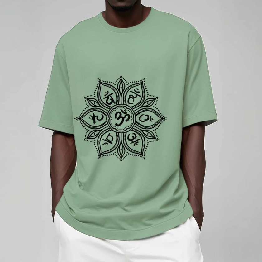Om Mani Padme Hum mandala t-shirt color variations showing multiple available color options for spiritual wear