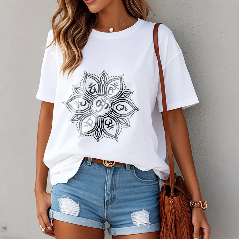 Buddhist Om Mani Padme Hum mandala spiritual graphic t-shirt detail view of sacred geometry print pattern