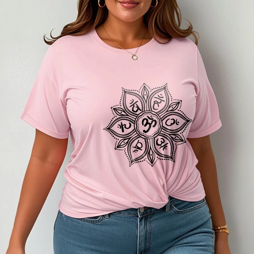 Model styled with Om Mani Padme Hum mandala Buddhist t-shirt showing how to wear spiritual graphic tee casually
