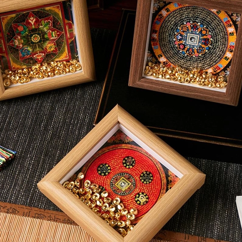 Mandala thangka altar frame wooden finish sacred geometry Buddhist meditation support decor