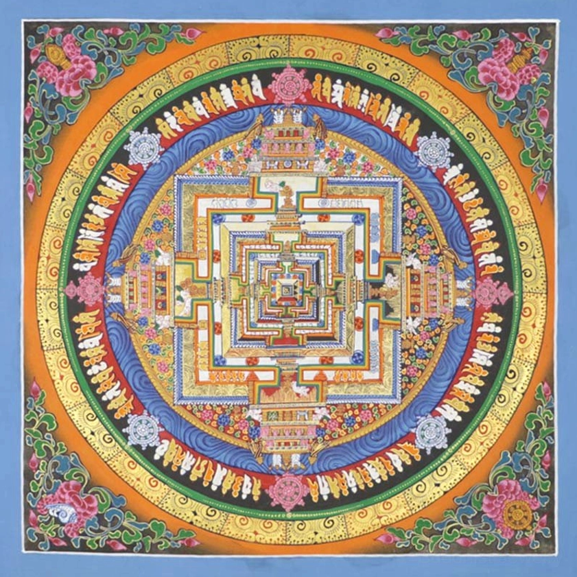 Kalachakra Mandala Thangka with blue fabric border and orange background base featuring sacred circular Buddhist spiritual patterns