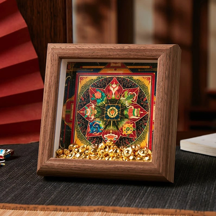 Mandala thangka photo frame symmetrical geometric pattern dark wood finish with golden ornaments