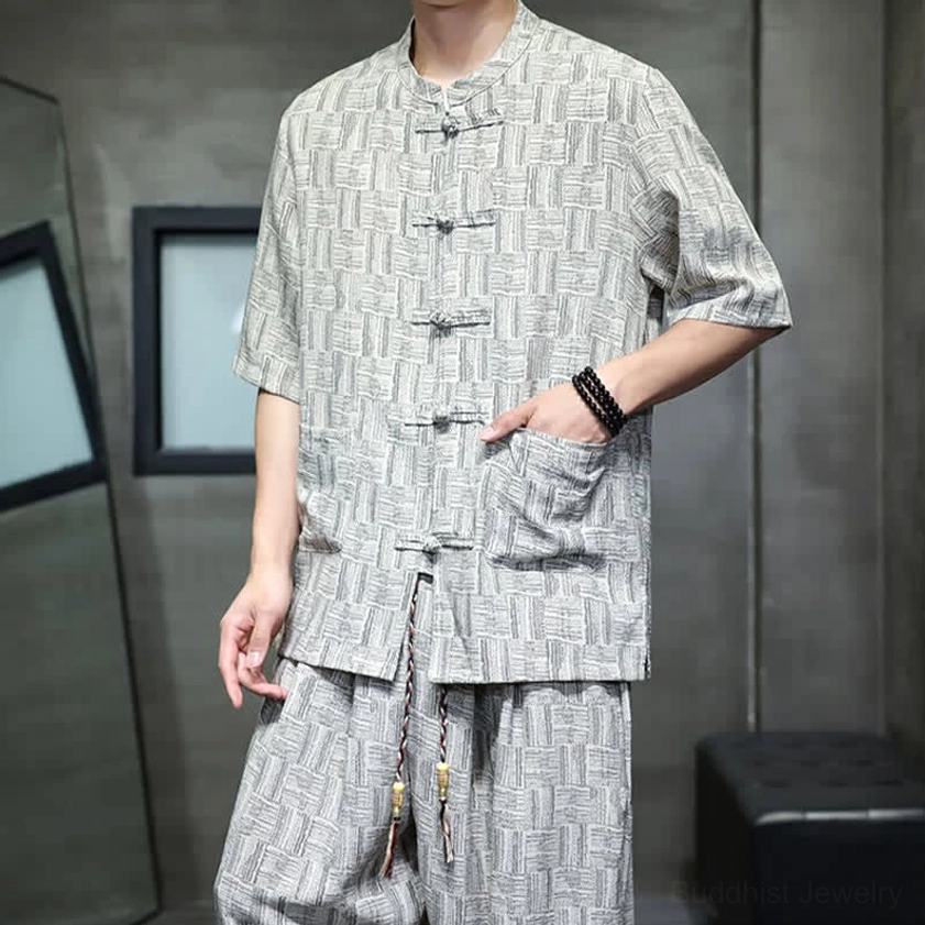 Men's mandarin collar frog button shirt and harem pants set - versatile two-piece outfit