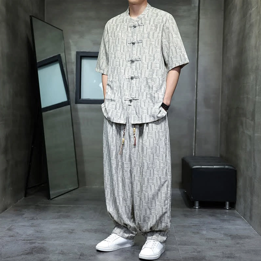 Men's beige mandarin collar shirt with frog buttons and geometric harem pants - neutral color option