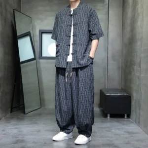 Men's dark slate gray mandarin collar frog button shirt with geometric harem pants - front partial view