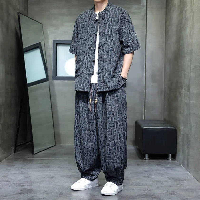 Men's dark slate gray mandarin collar frog button shirt with geometric harem pants - front partial view