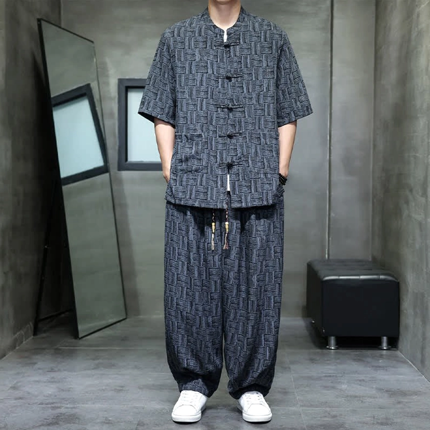 Men's dark slate gray Chinese style two-piece set - full front view showing frog button closure and drawstring waist