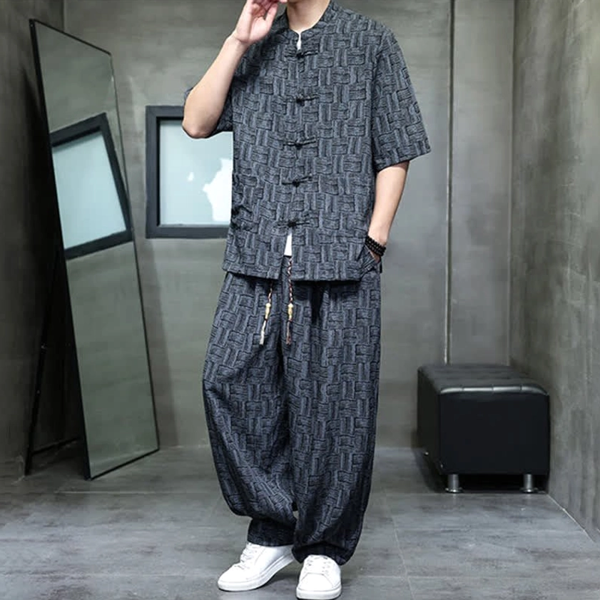 Men's mandarin collar short sleeve shirt - detail view with wrist accessory and stand collar adjustment
