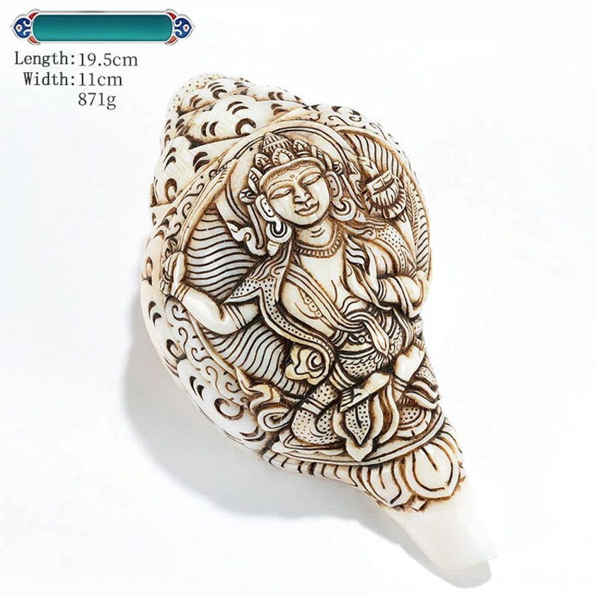 Manjushri Bodhisattva 15.9cm Engraved Buddhist Conch Shell with Wisdom Deity Details