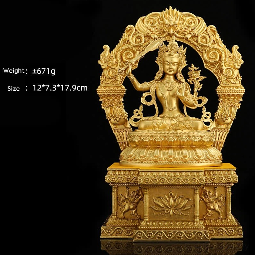 Manjushri Bodhisattva hand-cast copper statue with ornate backrest and decorative stone-style base