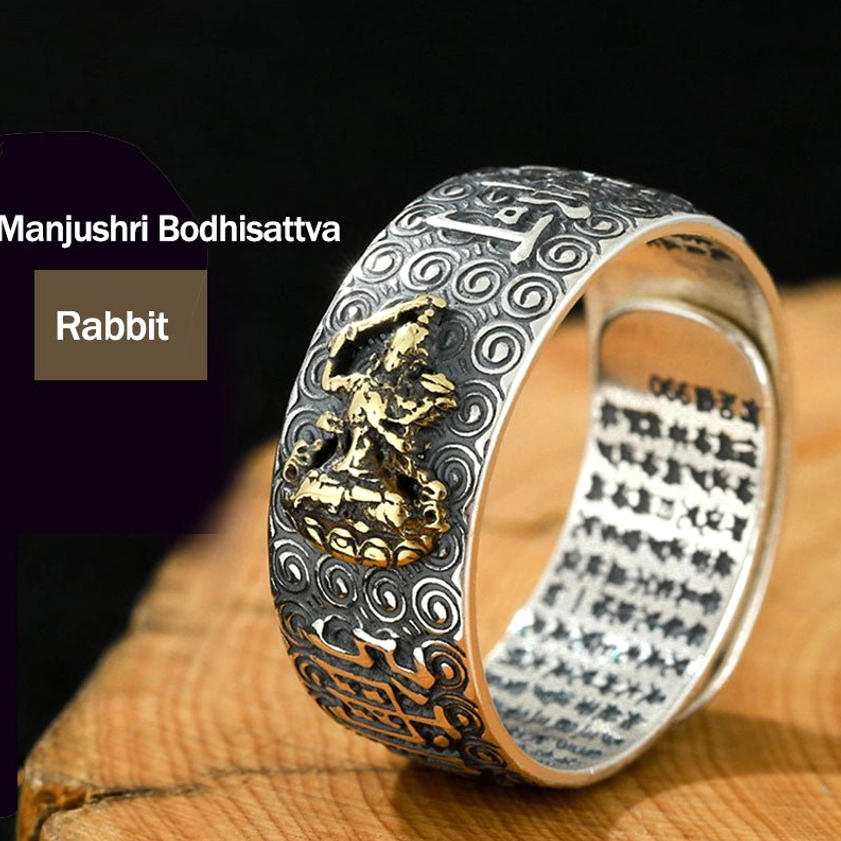 Manjushri Bodhisattva Rabbit Natal Buddha adjustable ring for Rabbit zodiac sign wisdom