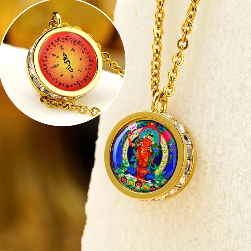 Manjushri Bodhisattva Buddhist pendant necklace - wisdom deity with sacred Om Mani Padme Hum