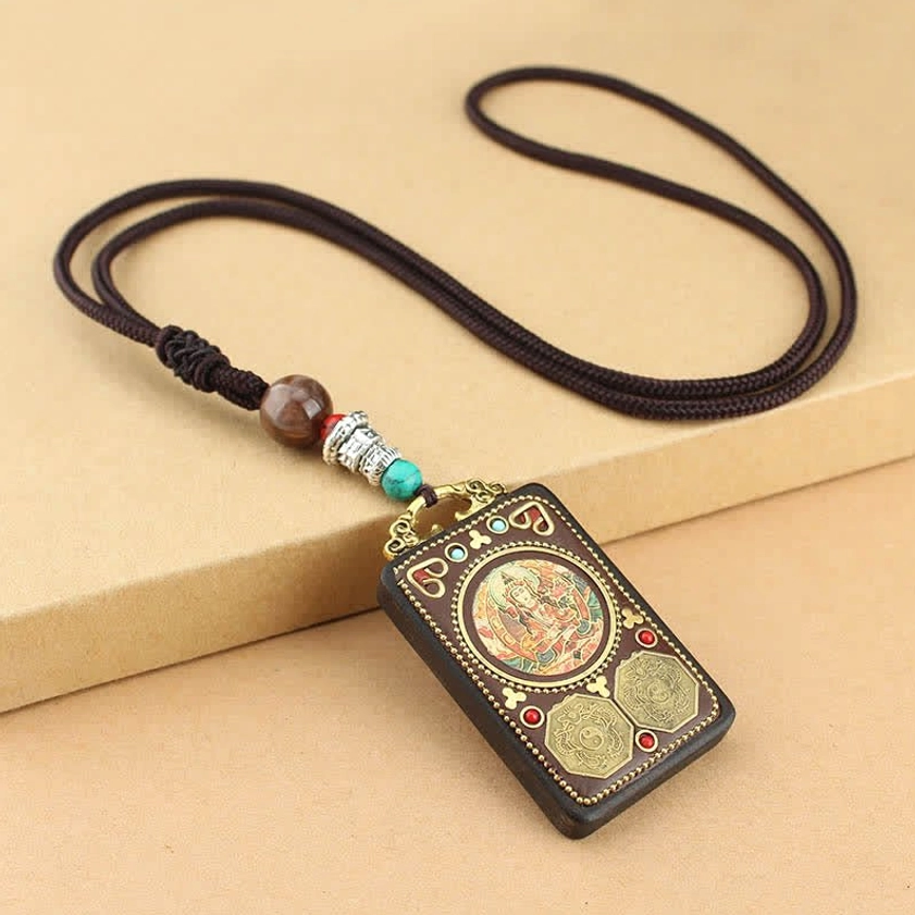 Manjushri Wisdom Thangka ebony wood pendant necklace, Buddhist deity design for spiritual clarity and enlightenment guidance