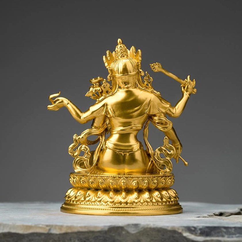 Manjusri Bodhisattva copper statue rear back view with ornate throne and carving