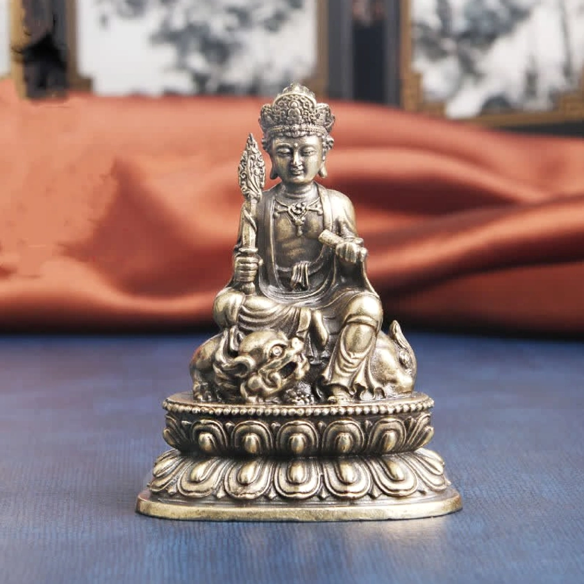 Full front view of complete Manjusri Bodhisattva bronze decor with intact structure, traditional Buddhist statue styling, and ceremonial posture - altar decoration
