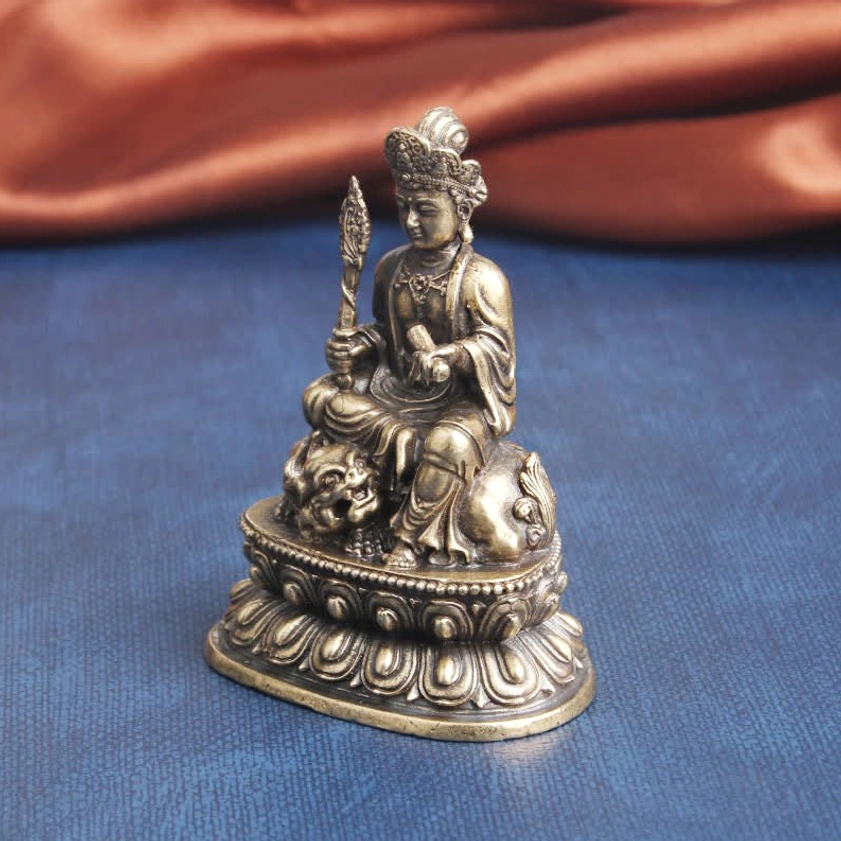 Three-quarter angle mini Manjusri Bodhisattva bronze ornament showcasing detailed facial carving, silk-style robe textures, and divine expression - handcrafted wisdom deity figure