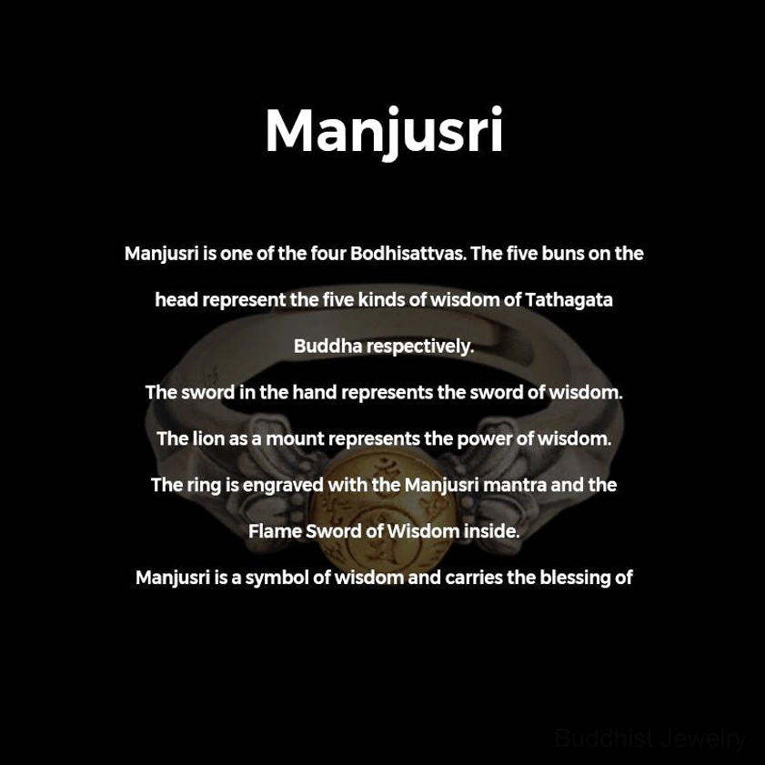 Manjusri Bodhisattva introduction poster explaining Buddhist wisdom symbolism and Om Mani Padme Hum mantra meanings