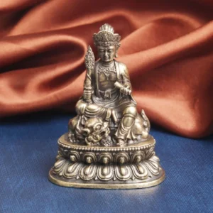 Manjusri Bodhisattva copper statue front view showing intricate facial carving, ceremonial robes, ornamental crown, and lotus pedestal with Foo Lion guardian - 64mm tall wisdom deity decoration