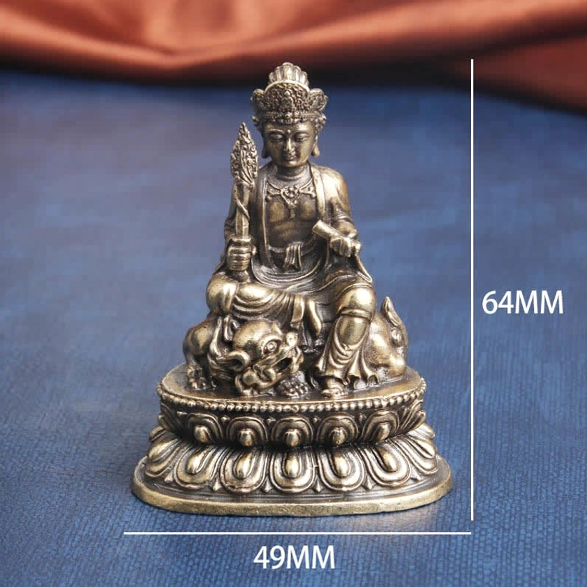 Front full view of Manjusri Bodhisattva copper statue with size reference 64mm height and 49mm width marked, antique bronze finish, and complete Buddha figure - scale reference photo
