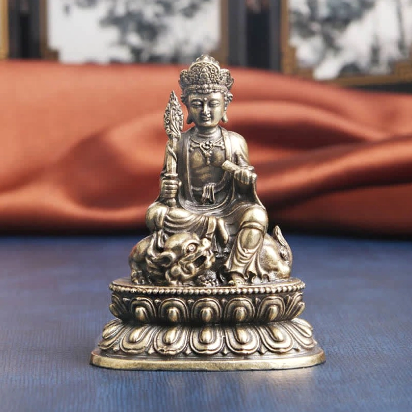 Front facing Manjusri Bodhisattva copper decoration with complete structural integrity, showing traditional Buddhist statue design and sacred lotus base - serenity meditation piece
