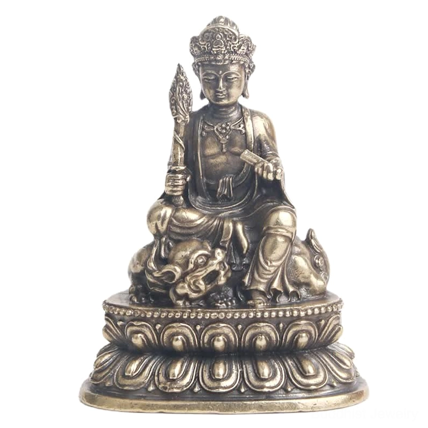 Manjusri Bodhisattva wisdom deity copper statue close-up showing patina texture, hand-carved details, and antique bronze coloring - detailed artisan craftsmanship