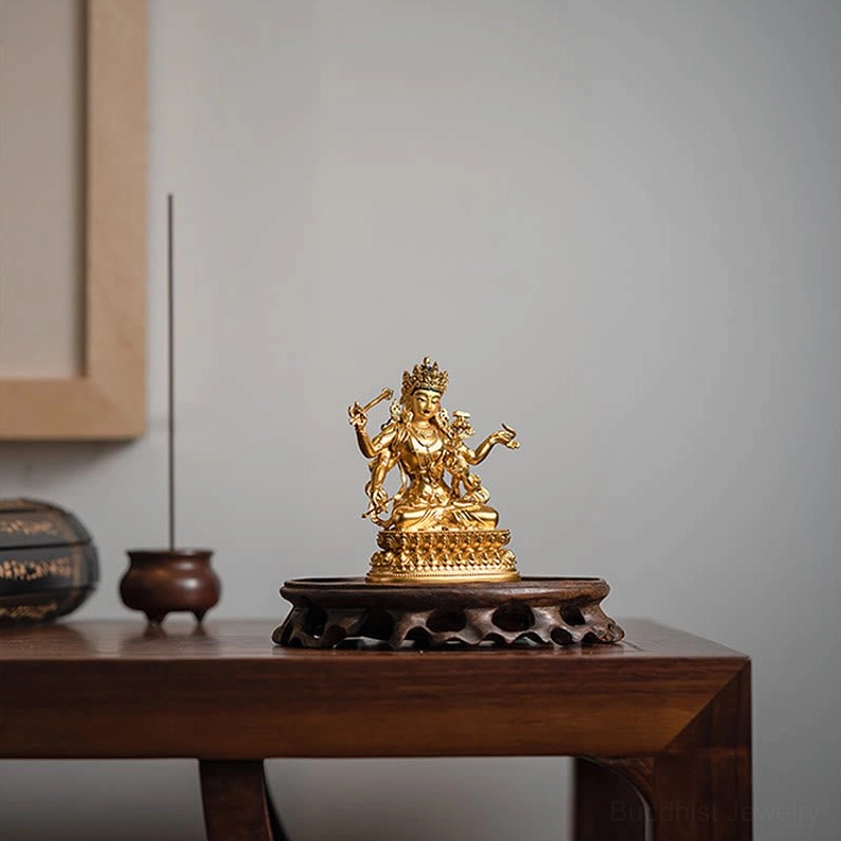 Four-armed Manjusri Bodhisattva copper statue home decor wooden desk display
