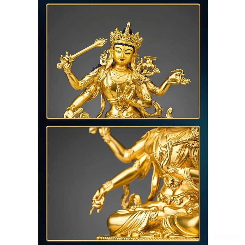 Four-armed Manjusri statue composite view front and torso gold copper