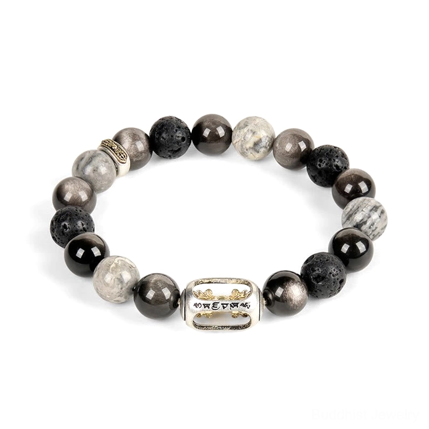 Loose Om Mani Padme Hum bracelet beads with engraved copper charm white background