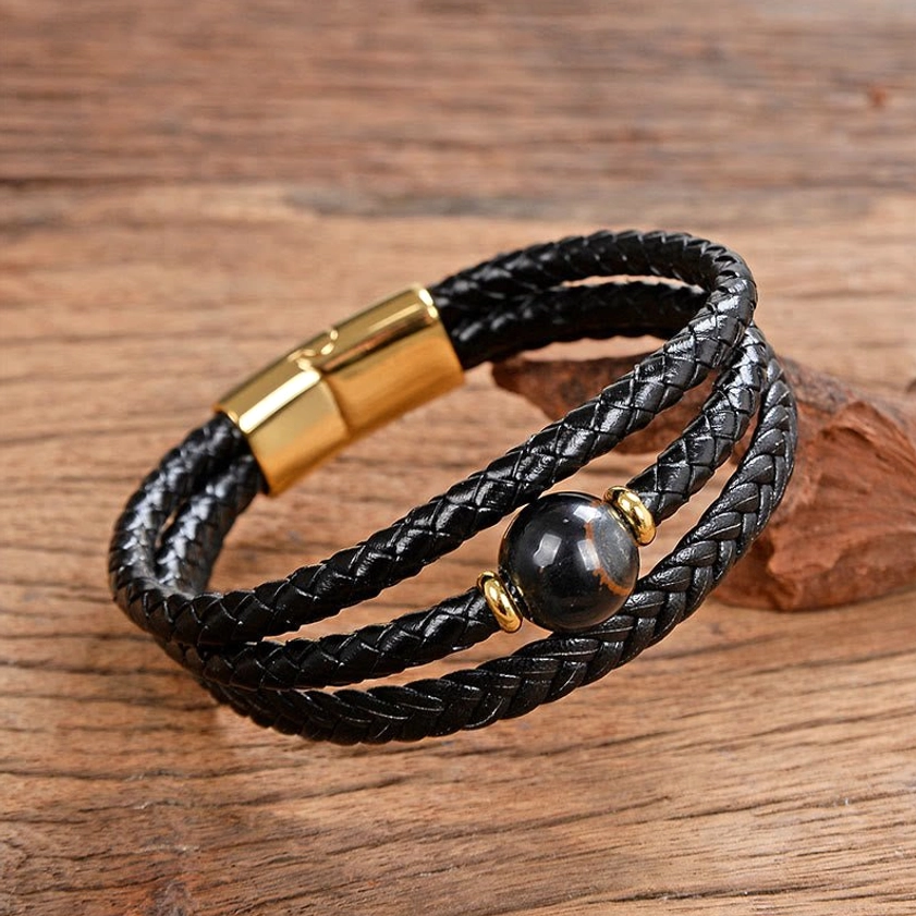 Handmade Buddhist bracelet tiger eye stone with gold magnetic fastener