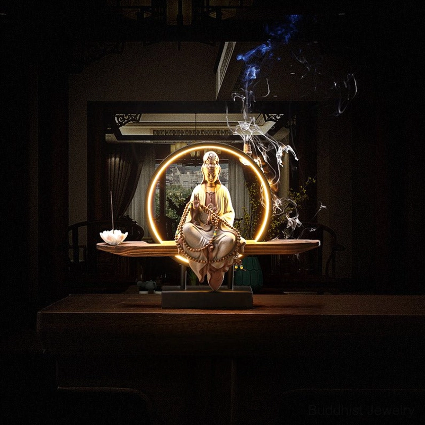 Compact Master Hongyi mini Buddhist incense burner with backlight halo and small wooden base