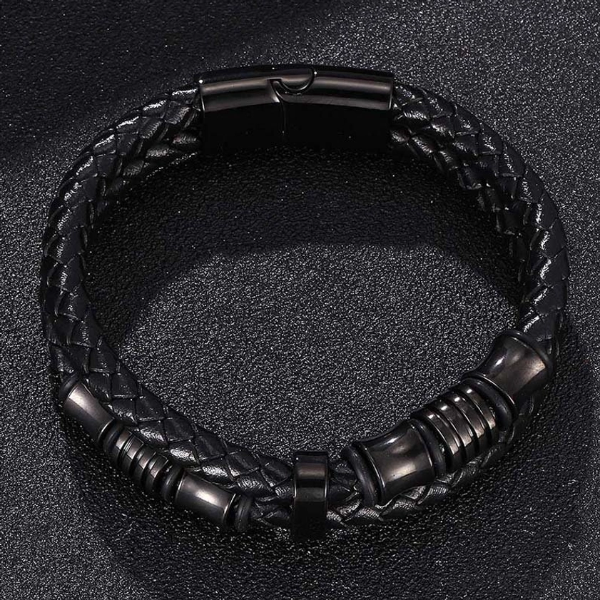 Matte black leather weave bracelet with secure magnetic buckle top view