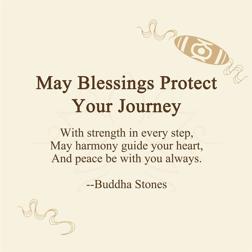 Buddhist blessing message card for Nine-Eye Dzi Bead bracelet with 'May Blessings Protect Your Journey'