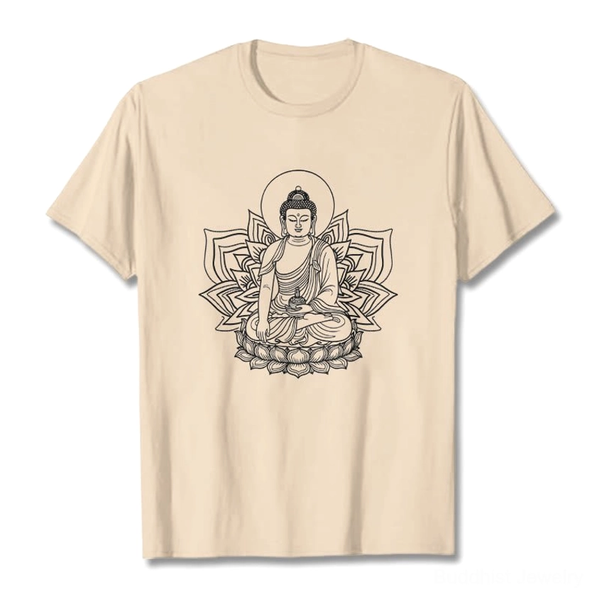 Beige Medicine Buddha lotus print t-shirt flat lay studio view, tan colored cotton fabric