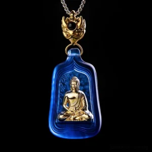 Blue Medicine Buddha Liuli crystal pendant with gold seated Buddha figure and metal clasp - front studio view