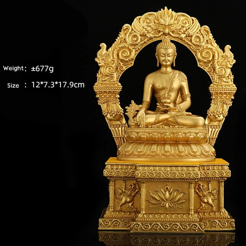 Medicine Buddha copper statue front view with medicinal sprout symbol and ornate lotus base
