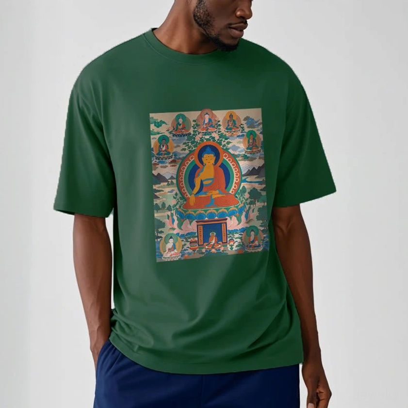 Male model wearing dark green Medicine Buddha spiritual t-shirt with traditional Buddhist artwork