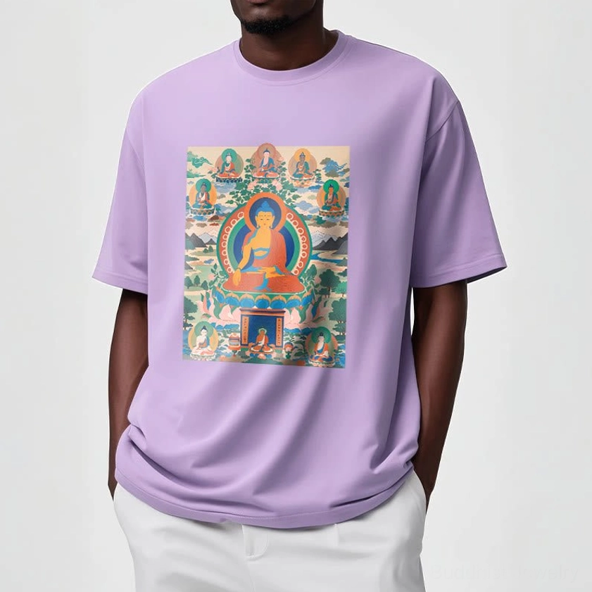 Plum colored Medicine Buddha spiritual t-shirt with traditional Buddhist thangka print