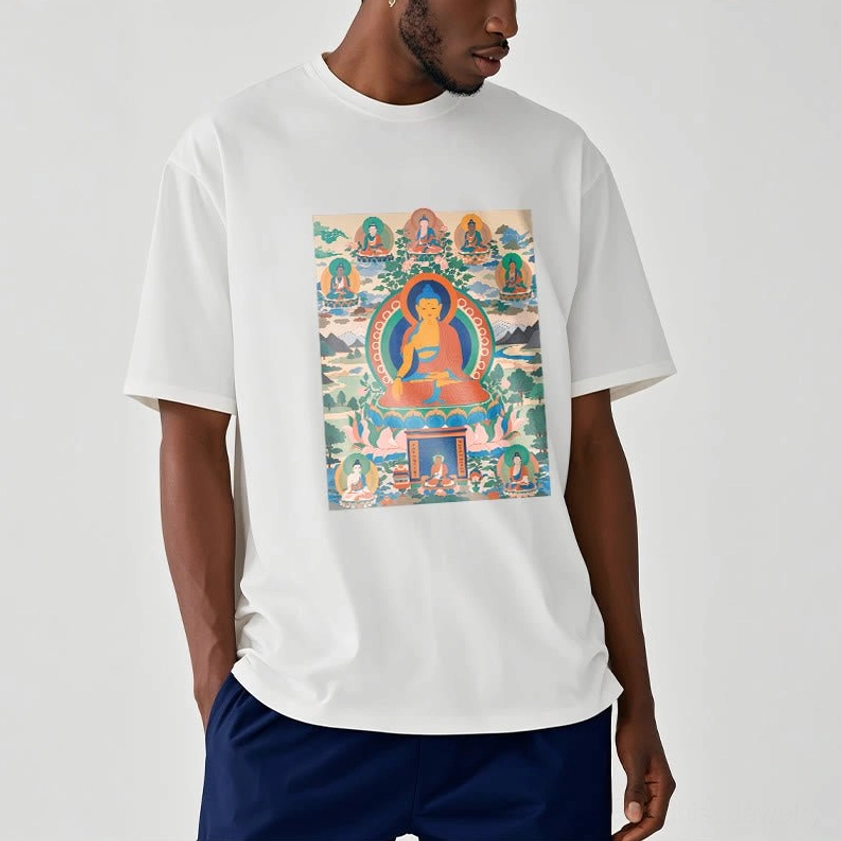 Male model wearing white Medicine Buddha spiritual t-shirt with traditional Buddhist thangka print