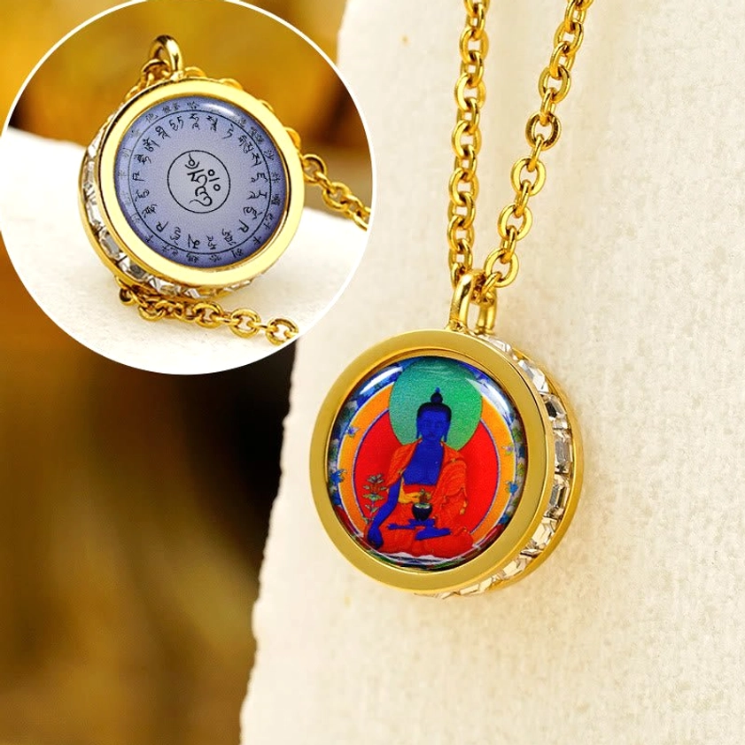 Medicine Buddha Buddhist pendant - healing deity front with sacred mantra on reverse side