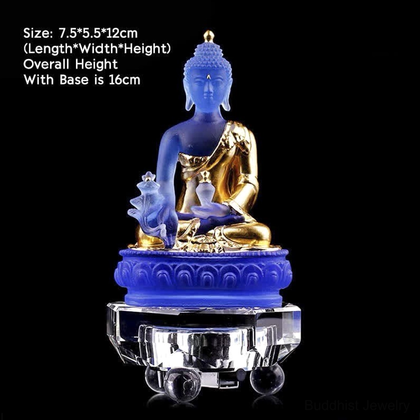 Gold Medicine Buddha Liuli statue with luminous base 7.5x5.5x12cm, gilded robe, LED glow pedestal, handmade crystal art
