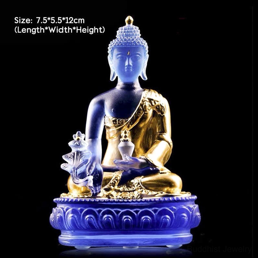 Gold Medicine Buddha Liuli glass statue 7.5x5.5x12cm small size with gilded robe on lotus pedestal studio background