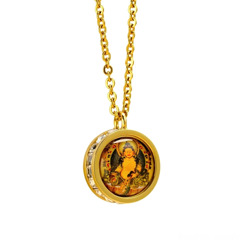 Medicine Buddha pendant necklace - healing deity with golden frame and mantra reverse