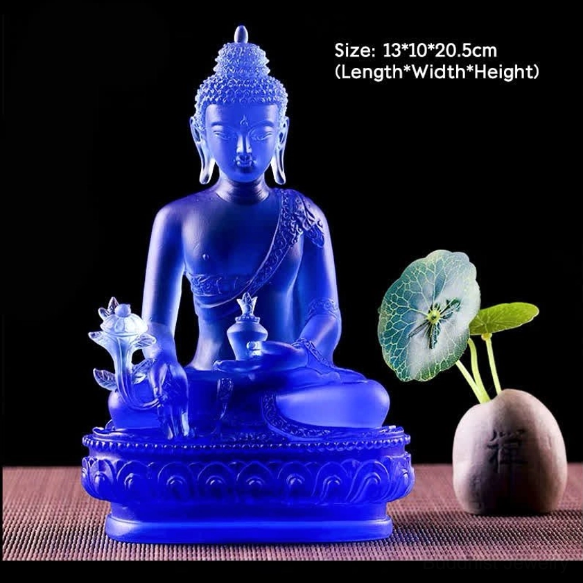 Large Medicine Buddha Liuli glass statue 13x10x20.5cm deep blue body, intricate gilded robe, full size handcrafted sculpture