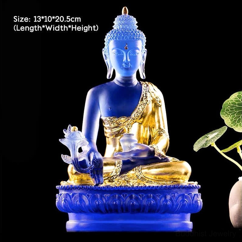 Large Gold Medicine Buddha Liuli crystal statue 13x10x20.5cm, premium gilded robe, full-size handmade art piece, healing energy