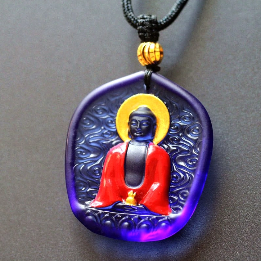 Classic Medicine Buddha Liuli crystal pendant featuring traditional Buddha image with gilded accents and serene expression