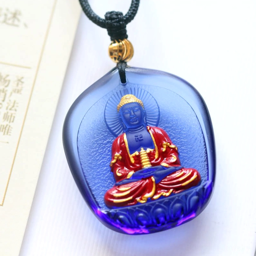 Pagoda Medicine Buddha Liuli crystal pendant with dark blue leaf frame and hand-painted Buddhist iconography